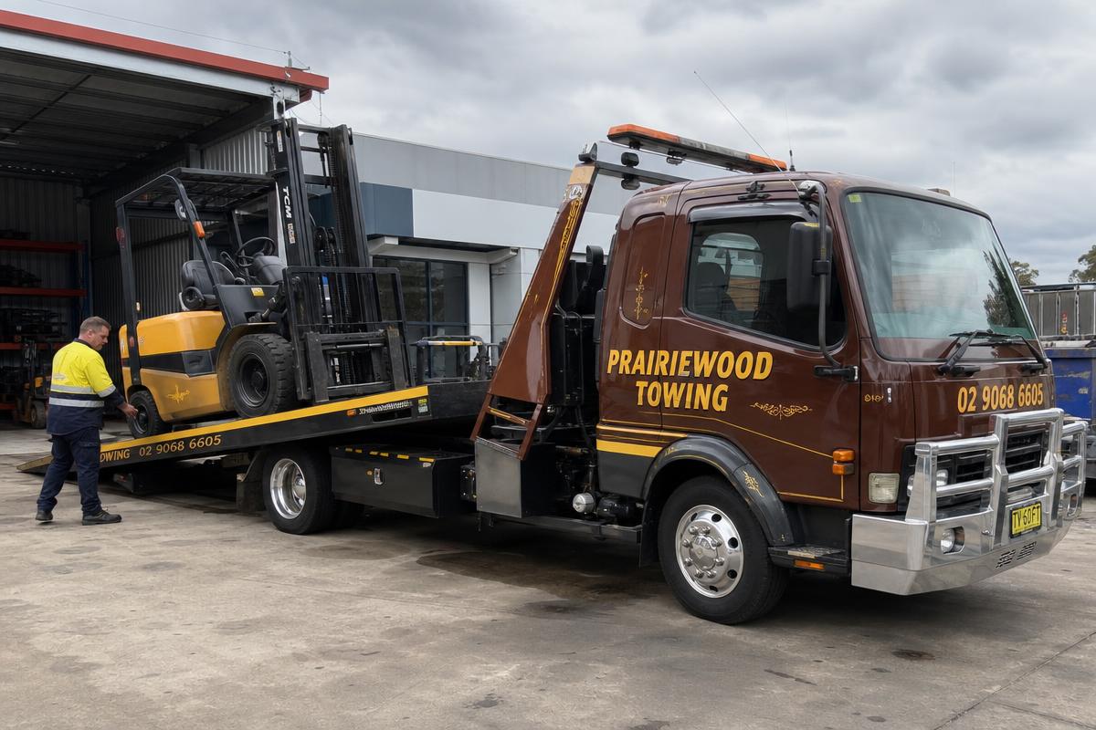 Forklift being loaded onto a Prairiewood Towing truck for forklift transport